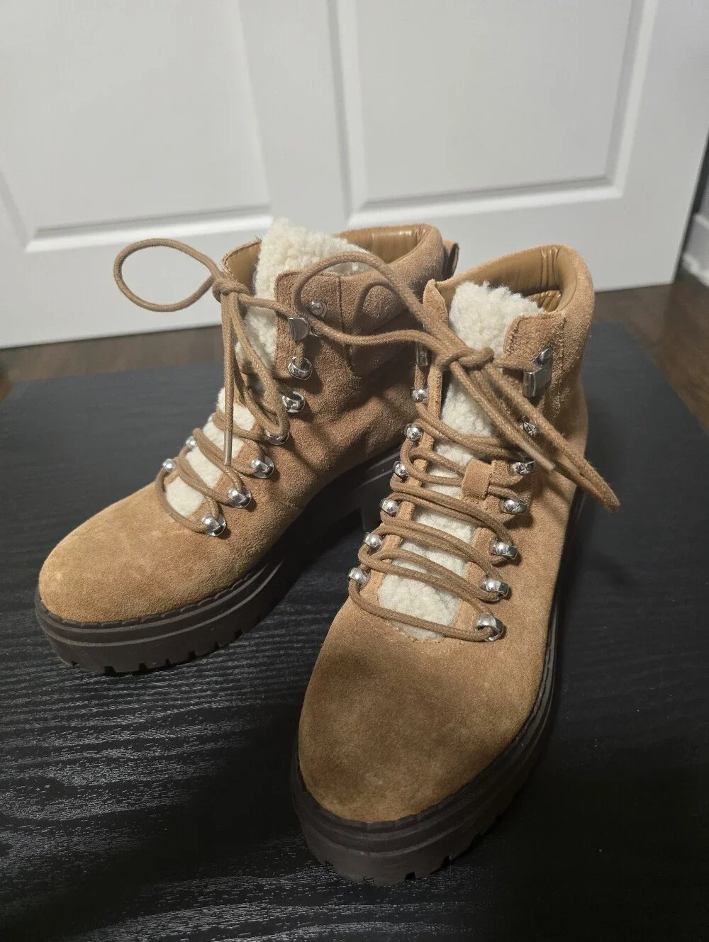 MARC FISHER Tan Suede Shearling-Lined Hiker Boots